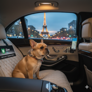 chien bien installé à l'arrière d'une berline premium regardant par la fenêtre avec la Tour Eiffel en arrière-plan
