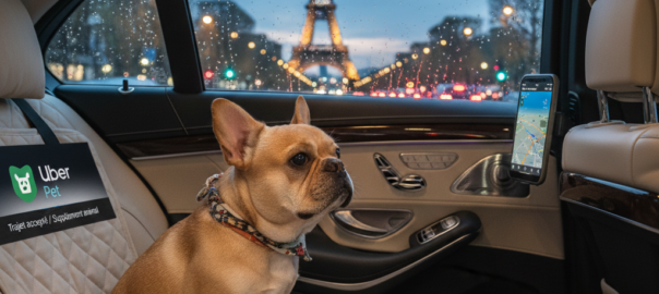 chien bien installé à l'arrière d'une berline premium regardant par la fenêtre avec la Tour Eiffel en arrière-plan