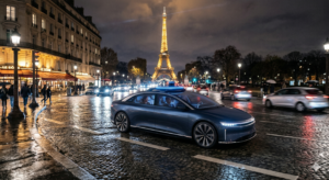 Véhicule autonome sans chauffeur circulant la nuit sur un boulevard parisien, avec la Tour Eiffel en arrière-plan
