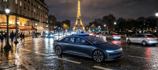 Véhicule autonome sans chauffeur circulant la nuit sur un boulevard parisien, avec la Tour Eiffel en arrière-plan