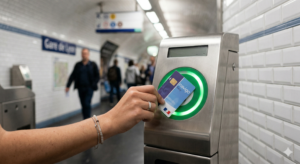 Main tenant un pass Navigo devant un terminal de validation du métro parisien affichant un feu vert