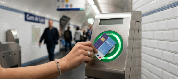 Main tenant un pass Navigo devant un terminal de validation du métro parisien affichant un feu vert