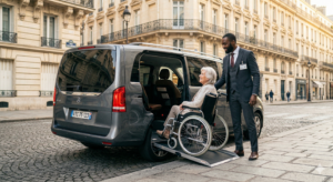 Chauffeur aidant une personne en fauteuil roulant à monter dans un véhicule TPMR adapté à Paris