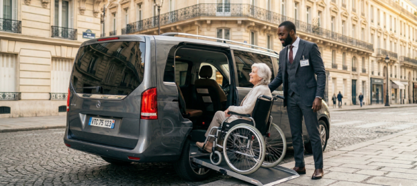 Chauffeur aidant une personne en fauteuil roulant à monter dans un véhicule TPMR adapté à Paris