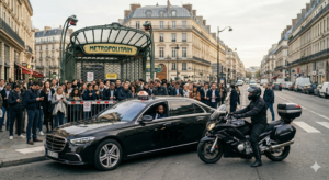 Entrée de métro parisien fermée pendant une grève RATP, avec taxi et moto-taxi en attente sur le boulevard