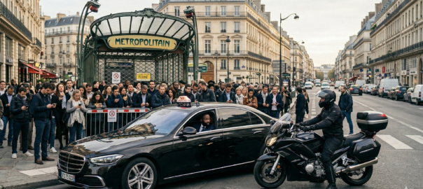 Entrée de métro parisien fermée pendant une grève RATP, avec taxi et moto-taxi en attente sur le boulevard