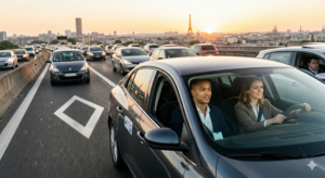 Deux collègues covoiturant sur le périphérique parisien sur la voie réservée au covoiturage, marquée d'un losange blanc