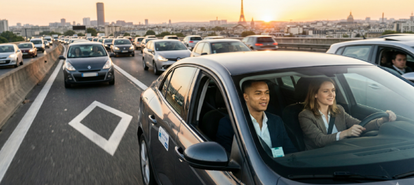 Deux collègues covoiturant sur le périphérique parisien sur la voie réservée au covoiturage, marquée d'un losange blanc