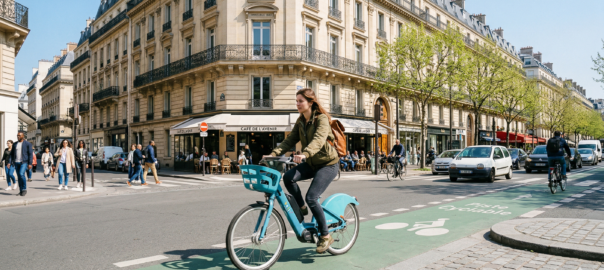 Cycliste sur un Vélib électrique dans une piste cyclable parisienne devant des immeubles haussmanniens au printemps