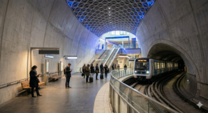 Futur station de métro du Grand Paris Express lignes 16 et 17, design architectural moderne avec train automatique à quai