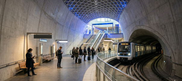 Futur station de métro du Grand Paris Express lignes 16 et 17, design architectural moderne avec train automatique à quai