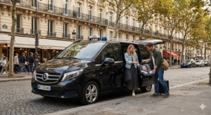 Famille avec poussette et bagages montant dans un taxi van à Paris devant des immeubles haussmanniens