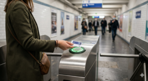 Touriste validant un pass Navigo Easy devant les portillons du métro parisien