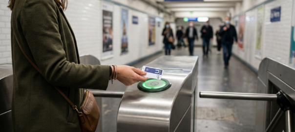 Touriste validant un pass Navigo Easy devant les portillons du métro parisien