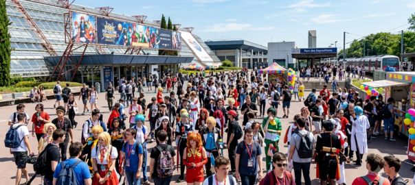 Visiteurs en cosplay et habits d'été arrivant à l'entrée du Parc des Expositions Paris-Nord Villepinte pour Japan Expo 2026, avec la gare RER visible en arrière-plan