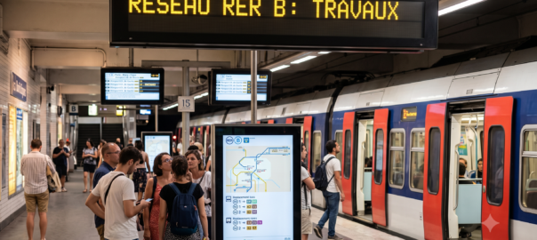 Train RER B à quai avec un panneau travaux sur le tableau des départs, des voyageurs consultant les alternatives
