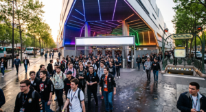 Foule de jeunes visiteurs arrivant devant l'entrée de Paris Expo Porte de Versailles un soir d'été, avec une station de métro visible à proximité