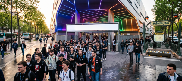 Foule de jeunes visiteurs arrivant devant l'entrée de Paris Expo Porte de Versailles un soir d'été, avec une station de métro visible à proximité