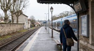 Navetteur consultant un tableau d'affichage des horaires dans une gare de banlieue française avec un train Transilien visible sur le quai