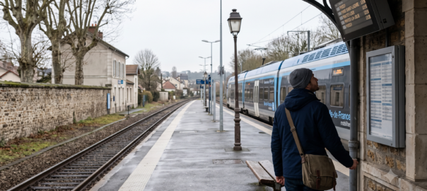 Navetteur consultant un tableau d'affichage des horaires dans une gare de banlieue française avec un train Transilien visible sur le quai