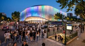 Façade illuminée de l'Adidas Arena à la Porte de la Chapelle la nuit, avec des spectateurs arrivant et l'entrée du métro ligne 12 visible au premier plan