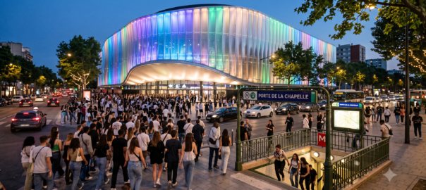 Façade illuminée de l'Adidas Arena à la Porte de la Chapelle la nuit, avec des spectateurs arrivant et l'entrée du métro ligne 12 visible au premier plan