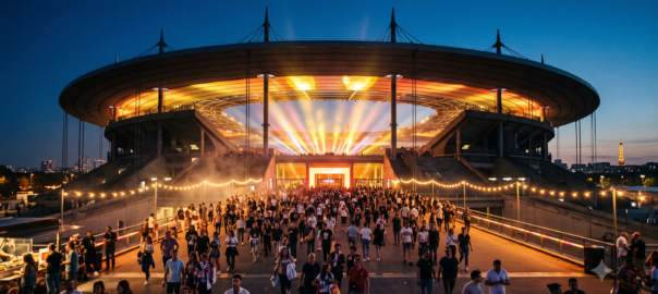 Foule de spectateurs se dirigeant vers l'entrée du Stade de France illuminé lors d'un concert en soirée d'été