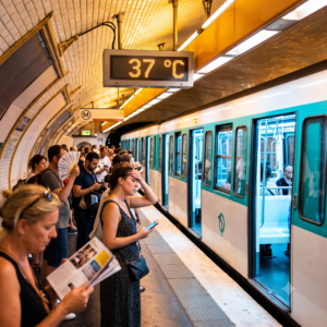 Quai du métro parisien en pleine canicule avec un train climatisé arrivant en gare, des voyageurs attendant dans la chaleur