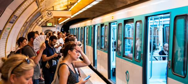 Quai du métro parisien en pleine canicule avec un train climatisé arrivant en gare, des voyageurs attendant dans la chaleur