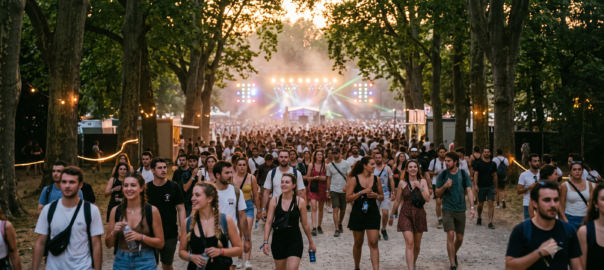 Foule de festivaliers marchant sous les arbres du Domaine National de Saint-Cloud en direction des scènes au coucher du soleil lors d'un festival d'été