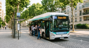 Bus électrique moderne à un arrêt de banlieue parisienne affichant un numéro de ligne à trois chiffres sur son panneau de destination