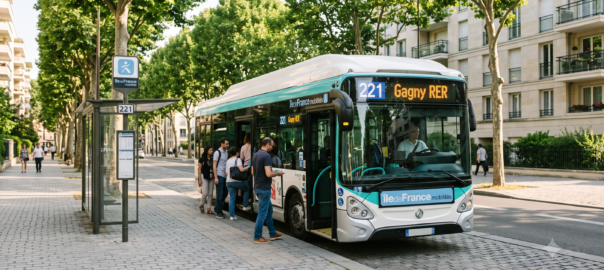 Bus électrique moderne à un arrêt de banlieue parisienne affichant un numéro de ligne à trois chiffres sur son panneau de destination