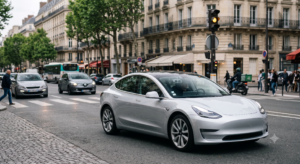 Tesla circulant sur un boulevard parisien haussmannien, montrant le système de caméras du pilote automatique sur le pare-brise