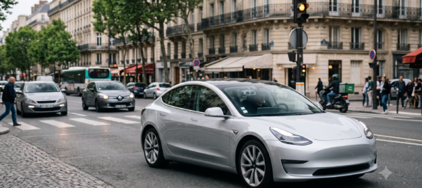 Tesla circulant sur un boulevard parisien haussmannien, montrant le système de caméras du pilote automatique sur le pare-brise