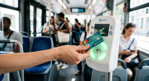 Main tenant une carte bancaire sans contact sur une borne de validation blanche dans un bus parisien, avec un voyant vert confirmant le paiement