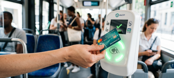 Main tenant une carte bancaire sans contact sur une borne de validation blanche dans un bus parisien, avec un voyant vert confirmant le paiement