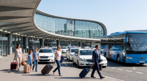 Zone de dépose des taxis et navettes devant le terminal 2E de l'aéroport Paris Charles de Gaulle par une matinée ensoleillée