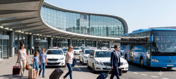 Zone de dépose des taxis et navettes devant le terminal 2E de l'aéroport Paris Charles de Gaulle par une matinée ensoleillée
