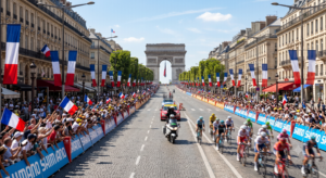 Spectateurs massés sur les Champs-Élysées avec des barrières de course cycliste et des drapeaux français lors de l'arrivée du Tour de France à Paris