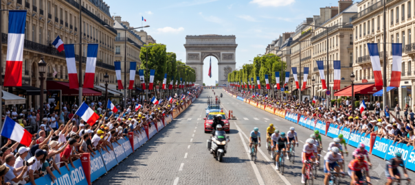 Spectateurs massés sur les Champs-Élysées avec des barrières de course cycliste et des drapeaux français lors de l'arrivée du Tour de France à Paris