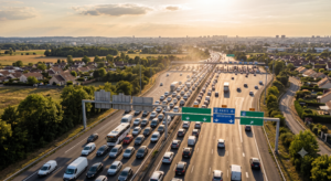 Vue aérienne d'une autoroute française saturée en direction de Paris lors d'un week-end de retours de vacances d'été, avec une longue file de véhicules