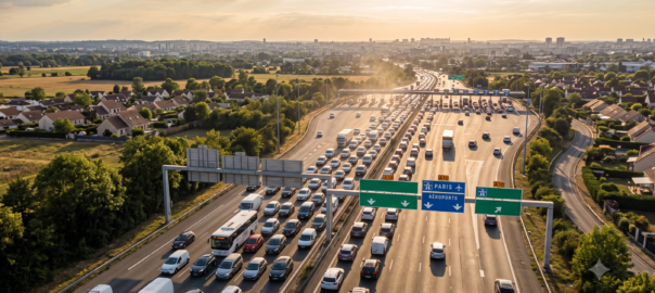 Vue aérienne d'une autoroute française saturée en direction de Paris lors d'un week-end de retours de vacances d'été, avec une longue file de véhicules