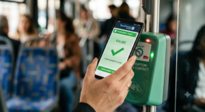 Main tenant un smartphone Android validant le pass Navigo Annuel sur une borne verte RATP dans un bus parisien