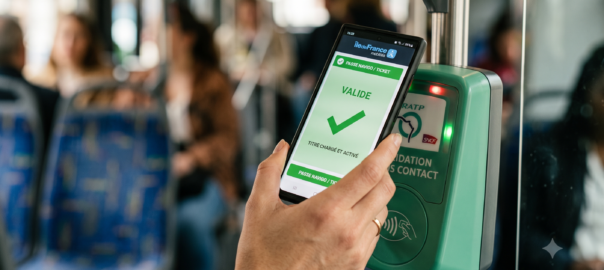 Main tenant un smartphone Android validant le pass Navigo Annuel sur une borne verte RATP dans un bus parisien