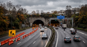Entrée du tunnel de Saint-Cloud sur l'autoroute A13 avec des barrières de chantier orange et un panneau travaux, par temps gris d'automne