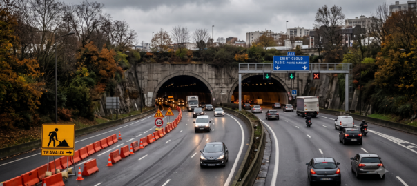 Entrée du tunnel de Saint-Cloud sur l'autoroute A13 avec des barrières de chantier orange et un panneau travaux, par temps gris d'automne