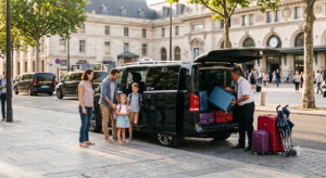 Famille avec enfants et bagages montant dans un taxi van devant une gare parisienne par une matinée ensoleillée d'été