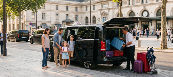Famille avec enfants et bagages montant dans un taxi van devant une gare parisienne par une matinée ensoleillée d'été