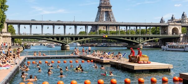 Baigneurs dans la Seine à Paris sur le site de Grenelle, zone délimitée par des bouées orange avec le pont de Bir-Hakeim et la Tour Eiffel en arrière-plan