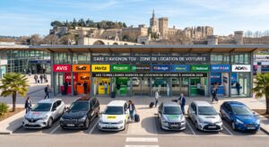 Zone des agences de location de voitures à la gare d'Avignon TGV avec le Palais des Papes en arrière-plan.